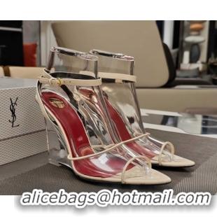 Buy Discount Saint Laurent Vera Wedges in TPU and Patent Leather 10cm Heel Beige 5052305