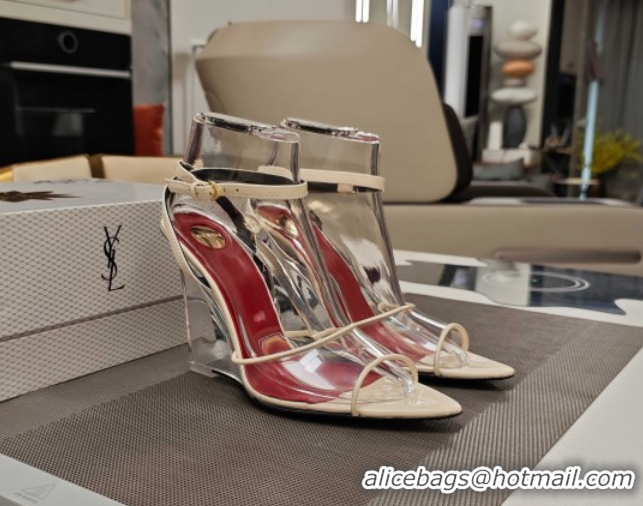 Buy Discount Saint Laurent Vera Wedges in TPU and Patent Leather 10cm Heel Beige 5052305