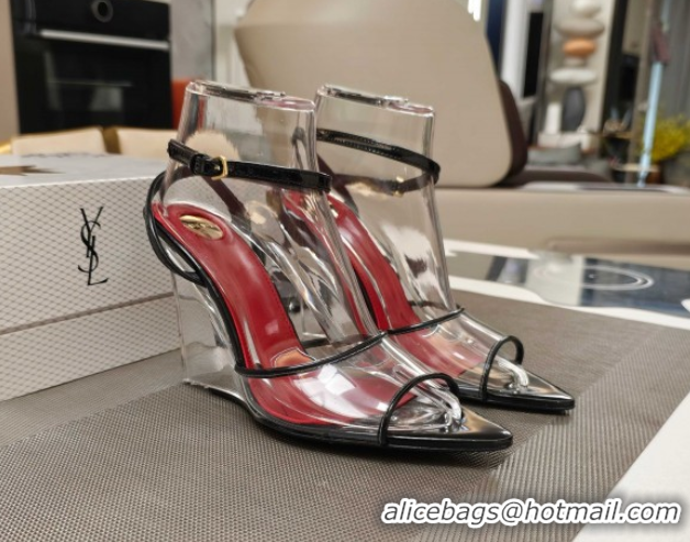 Grade Quality Saint Laurent Vera Wedges in TPU and Patent Leather 10cm Heel Black 5052306