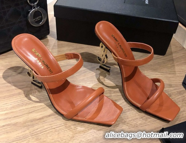 Best Grade Saint Laurent Mules Sandals in Smooth Leather 10.5cm Heel Brown 5052308