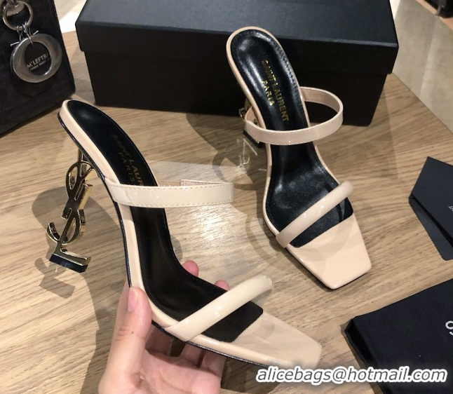 Low Price Saint Laurent Mules Sandals in Patent Leather 10.5cm Heel Beige 5052309