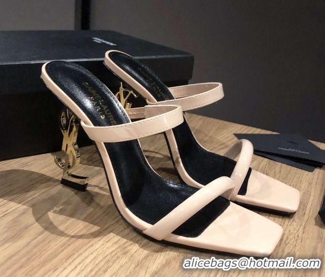 Low Price Saint Laurent Mules Sandals in Patent Leather 10.5cm Heel Beige 5052309