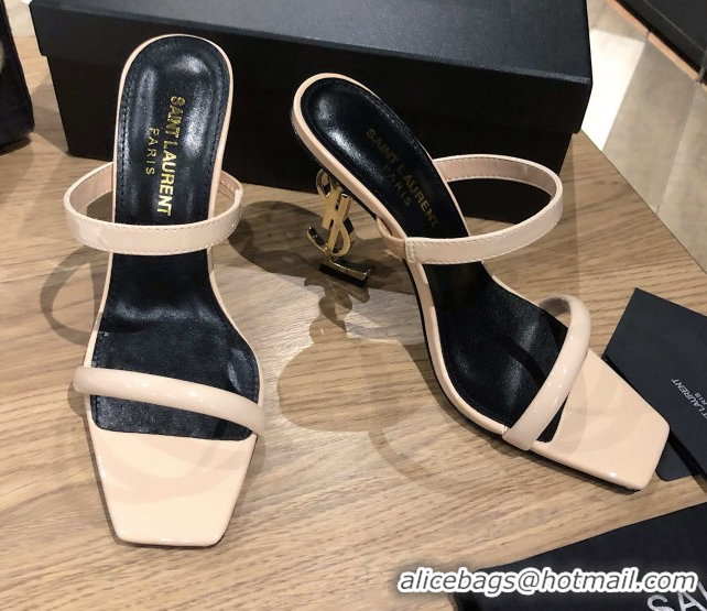 Low Price Saint Laurent Mules Sandals in Patent Leather 10.5cm Heel Beige 5052309