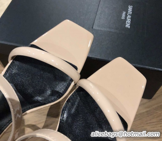 Low Price Saint Laurent Mules Sandals in Patent Leather 10.5cm Heel Beige 5052309