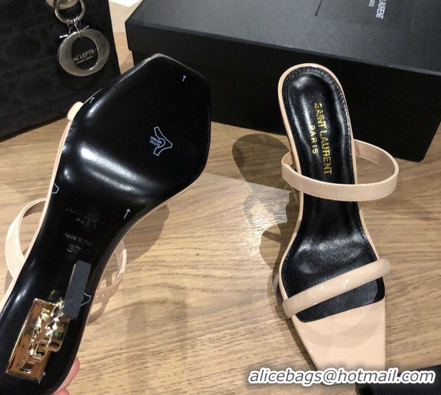 Low Price Saint Laurent Mules Sandals in Patent Leather 10.5cm Heel Beige 5052309