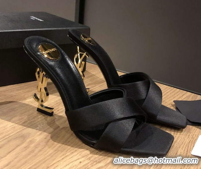 Good Looking Saint Laurent Ppyum Mules Sandals in Satin Crepe 10.5cm Heel Black 5052312