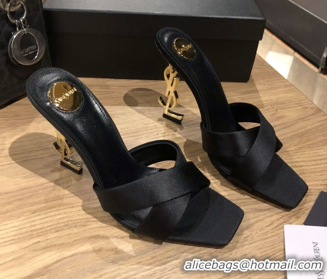 Good Looking Saint Laurent Ppyum Mules Sandals in Satin Crepe 10.5cm Heel Black 5052312