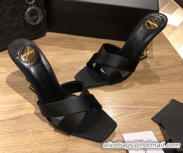 Good Looking Saint Laurent Ppyum Mules Sandals in Satin Crepe 10.5cm Heel Black 5052312