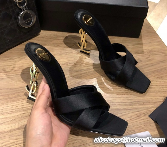 Good Looking Saint Laurent Ppyum Mules Sandals in Satin Crepe 10.5cm Heel Black 5052312