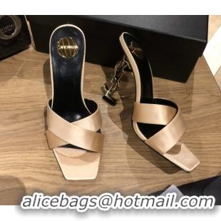 Classic Hot Saint Laurent Ppyum Mules Sandals in Satin Crepe 10.5cm Heel Beige 5052313