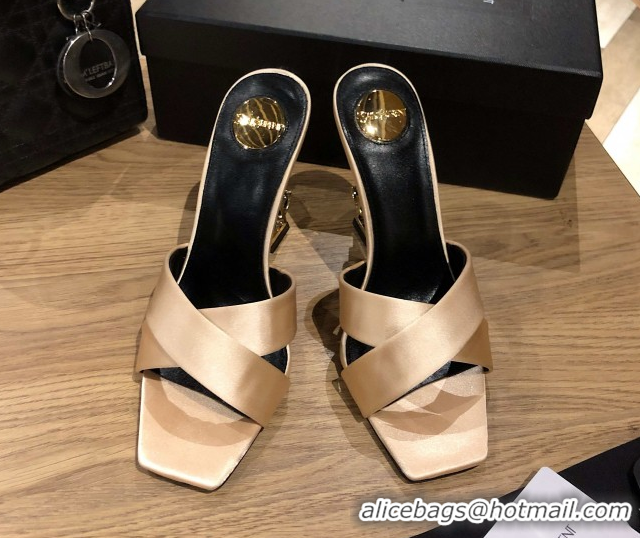 Classic Hot Saint Laurent Ppyum Mules Sandals in Satin Crepe 10.5cm Heel Beige 5052313