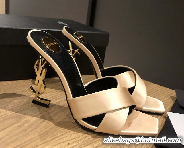 Classic Hot Saint Laurent Ppyum Mules Sandals in Satin Crepe 10.5cm Heel Beige 5052313