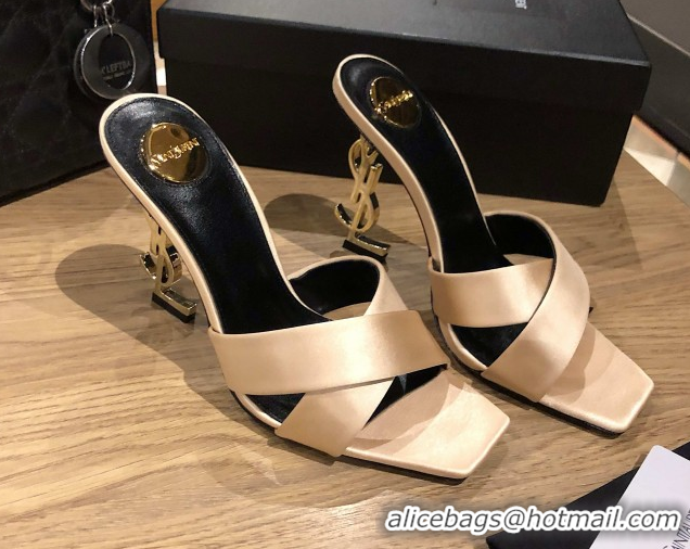 Classic Hot Saint Laurent Ppyum Mules Sandals in Satin Crepe 10.5cm Heel Beige 5052313