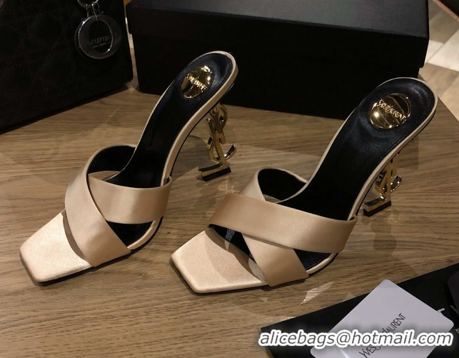 Classic Hot Saint Laurent Ppyum Mules Sandals in Satin Crepe 10.5cm Heel Beige 5052313