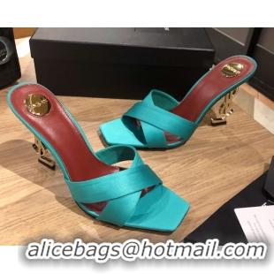 Luxurious Saint Laurent Ppyum Mules Sandals in Satin Crepe 10.5cm Heel Cyan 5052317