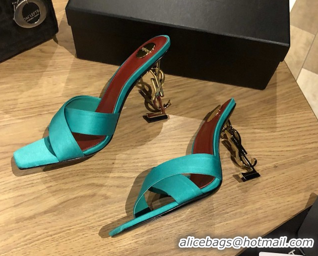 Luxurious Saint Laurent Ppyum Mules Sandals in Satin Crepe 10.5cm Heel Cyan 5052317