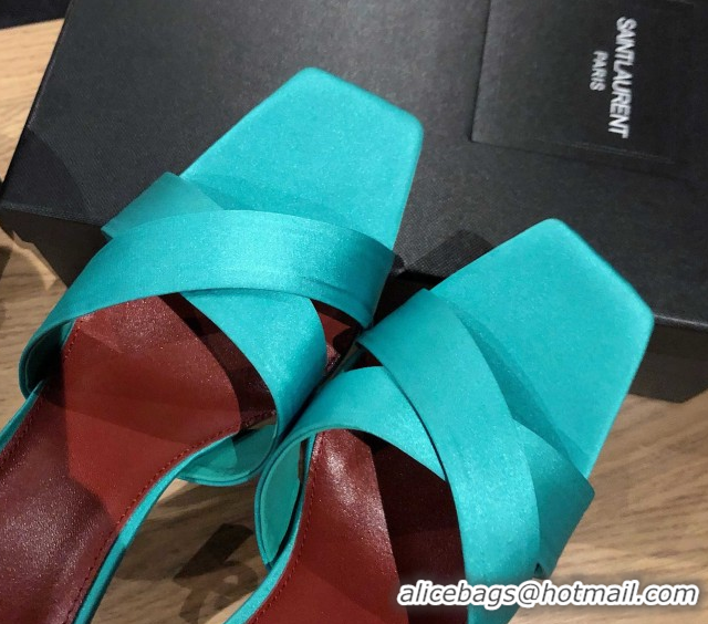 Luxurious Saint Laurent Ppyum Mules Sandals in Satin Crepe 10.5cm Heel Cyan 5052317