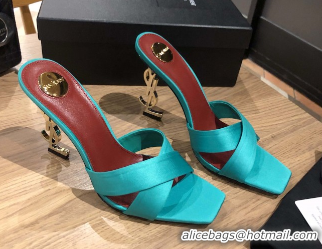 Luxurious Saint Laurent Ppyum Mules Sandals in Satin Crepe 10.5cm Heel Cyan 5052317
