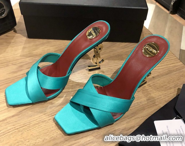 Luxurious Saint Laurent Ppyum Mules Sandals in Satin Crepe 10.5cm Heel Cyan 5052317