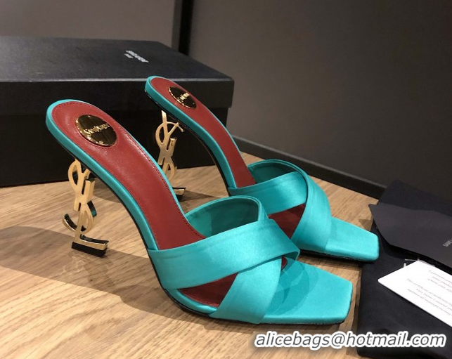 Luxurious Saint Laurent Ppyum Mules Sandals in Satin Crepe 10.5cm Heel Cyan 5052317