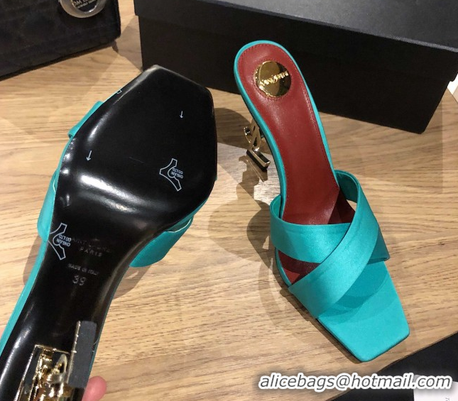 Luxurious Saint Laurent Ppyum Mules Sandals in Satin Crepe 10.5cm Heel Cyan 5052317