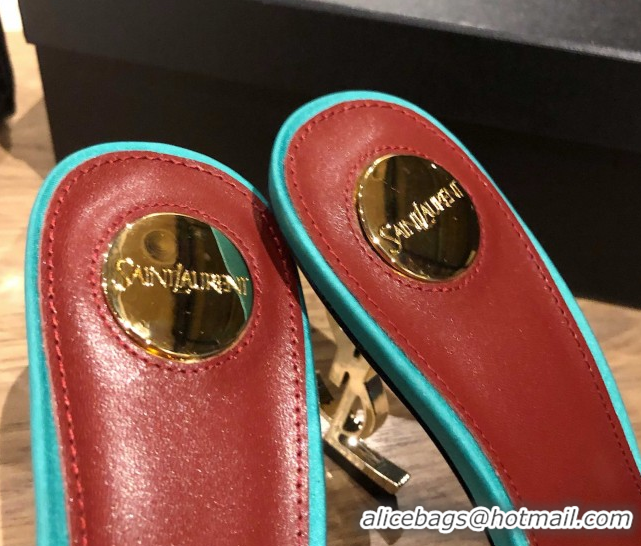 Luxurious Saint Laurent Ppyum Mules Sandals in Satin Crepe 10.5cm Heel Cyan 5052317