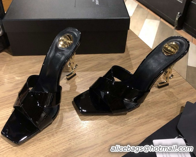 Durable Saint Laurent Ppyum Mules Sandals in Patent Leather 10.5cm Heel Black 5052318