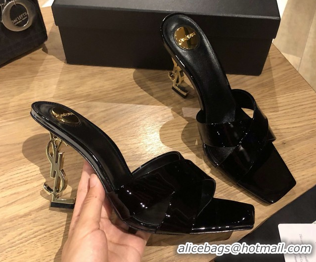 Durable Saint Laurent Ppyum Mules Sandals in Patent Leather 10.5cm Heel Black 5052318