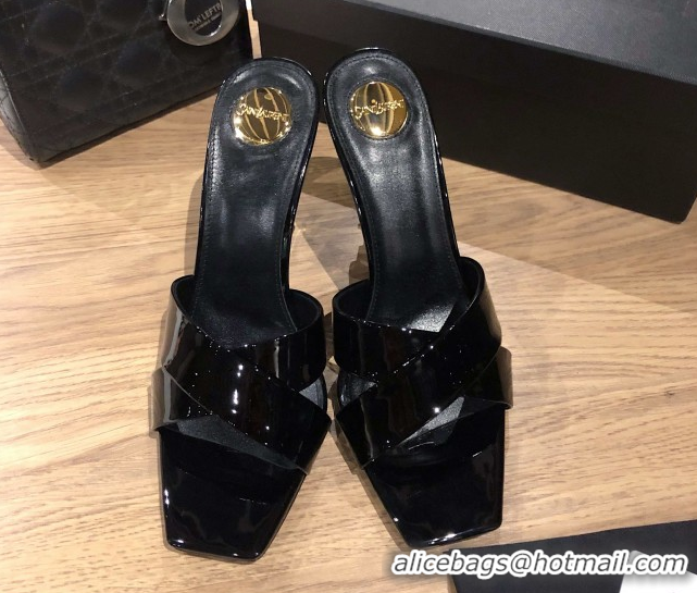 Durable Saint Laurent Ppyum Mules Sandals in Patent Leather 10.5cm Heel Black 5052318