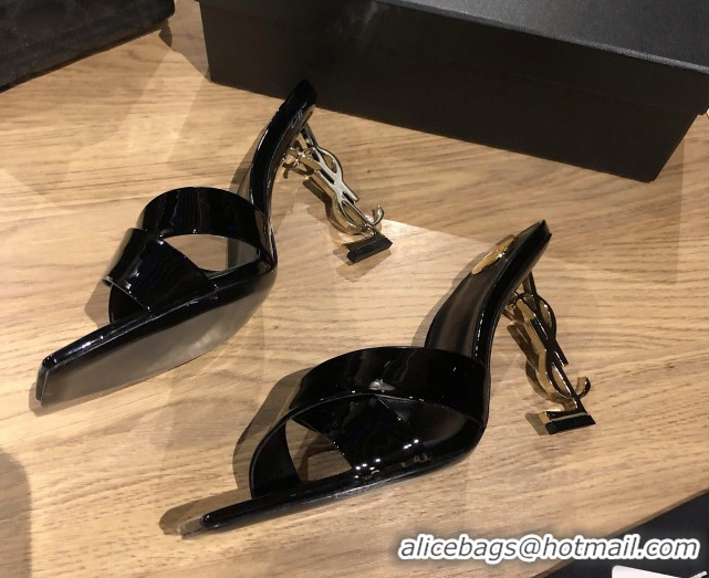 Durable Saint Laurent Ppyum Mules Sandals in Patent Leather 10.5cm Heel Black 5052318