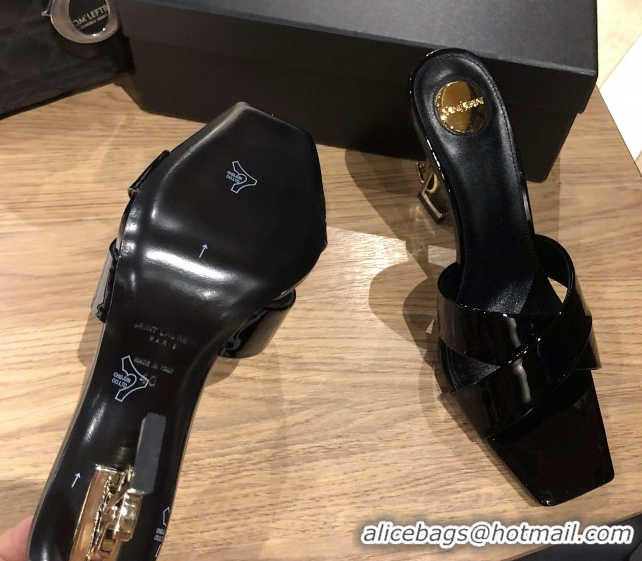 Durable Saint Laurent Ppyum Mules Sandals in Patent Leather 10.5cm Heel Black 5052318