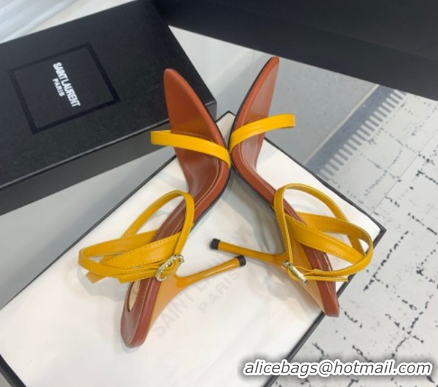 Popular Style Saint Laurent Silk High Heel Sandals 10.5cm with Ankle Strap Yellow 0604072