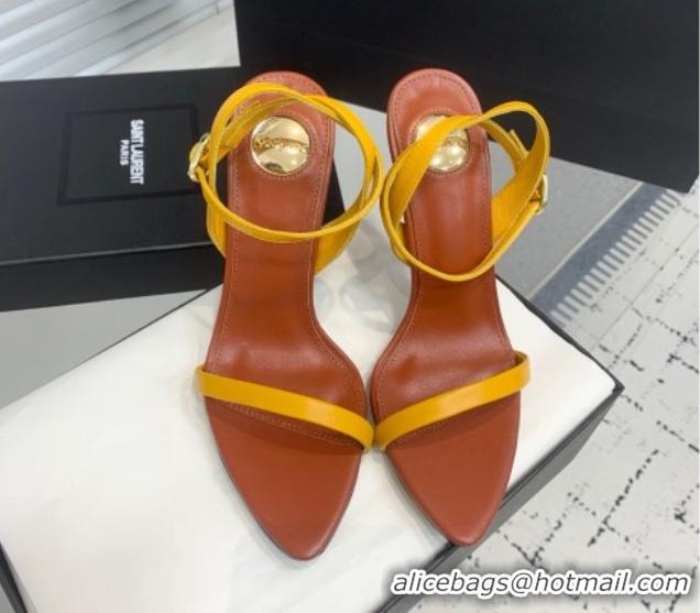 Popular Style Saint Laurent Silk High Heel Sandals 10.5cm with Ankle Strap Yellow 0604072