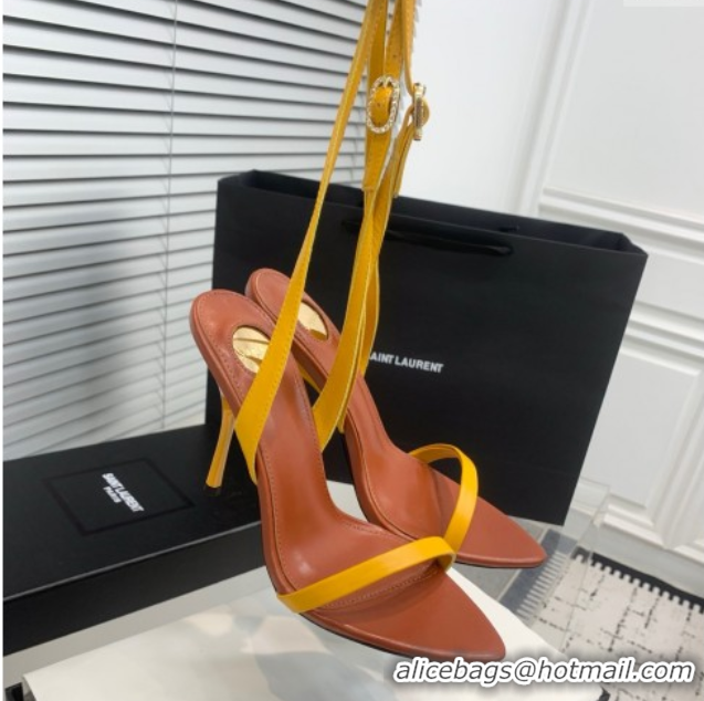 Popular Style Saint Laurent Silk High Heel Sandals 10.5cm with Ankle Strap Yellow 0604072