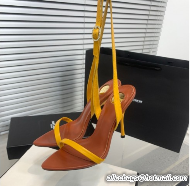 Popular Style Saint Laurent Silk High Heel Sandals 10.5cm with Ankle Strap Yellow 0604072