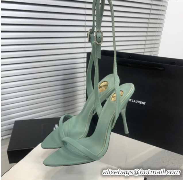 Charming Saint Laurent Silk High Heel Sandals 10.5cm with Ankle Strap Light Green 0604073