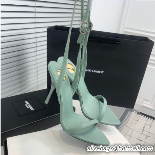 Charming Saint Laurent Silk High Heel Sandals 10.5cm with Ankle Strap Light Green 0604073