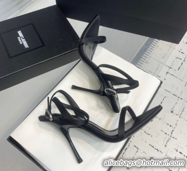 Good Quality Saint Laurent Silk High Heel Sandals 10.5cm with Ankle Strap Black 50604074