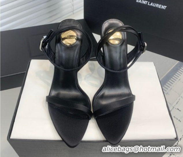 Good Quality Saint Laurent Silk High Heel Sandals 10.5cm with Ankle Strap Black 50604074