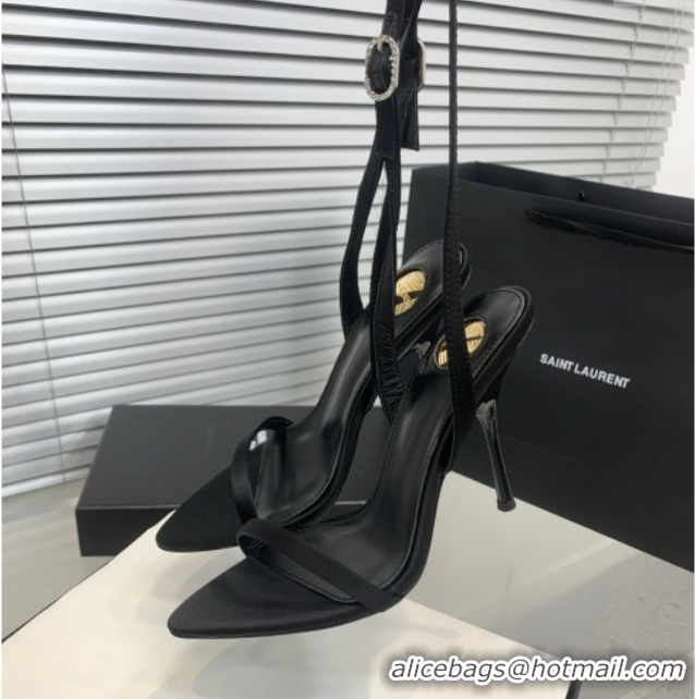 Good Quality Saint Laurent Silk High Heel Sandals 10.5cm with Ankle Strap Black 50604074