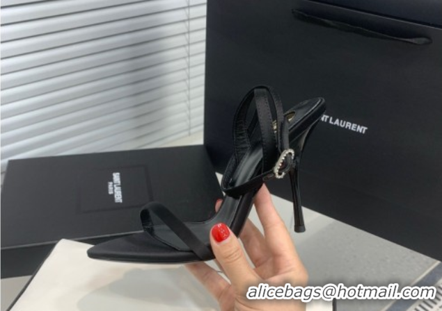 Good Quality Saint Laurent Silk High Heel Sandals 10.5cm with Ankle Strap Black 50604074