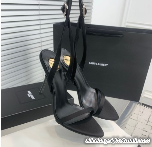 Good Quality Saint Laurent Silk High Heel Sandals 10.5cm with Ankle Strap Black 50604074