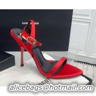 Best Product Saint Laurent Silk High Heel Sandals 10.5cm with Ankle Strap Red 50604078