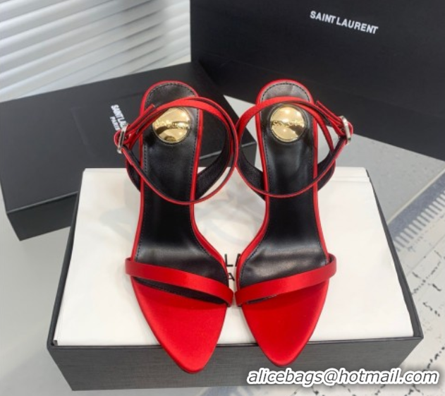 Best Product Saint Laurent Silk High Heel Sandals 10.5cm with Ankle Strap Red 50604078