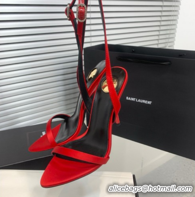 Best Product Saint Laurent Silk High Heel Sandals 10.5cm with Ankle Strap Red 50604078