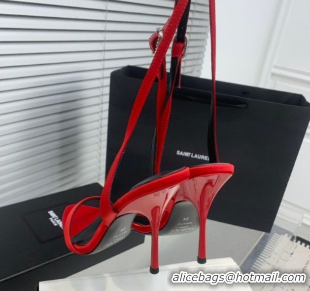 Best Product Saint Laurent Silk High Heel Sandals 10.5cm with Ankle Strap Red 50604078