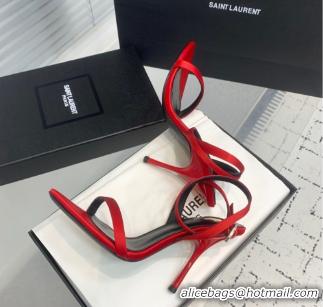Best Product Saint Laurent Silk High Heel Sandals 10.5cm with Ankle Strap Red 50604078