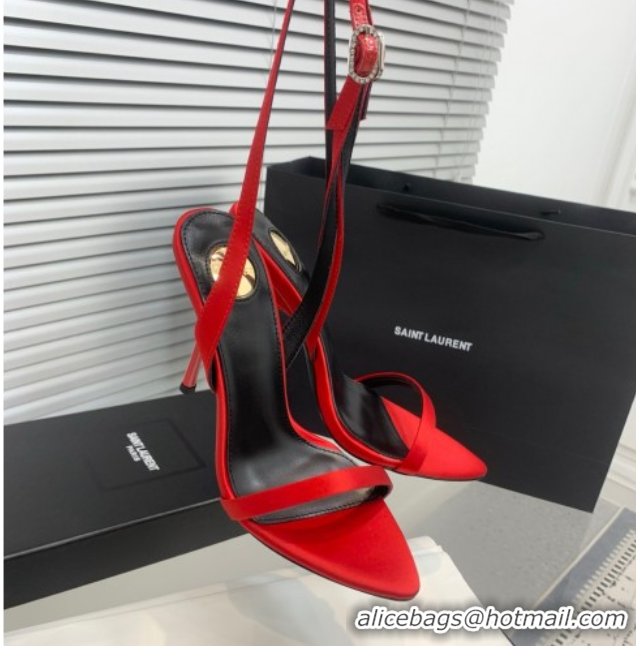 Best Product Saint Laurent Silk High Heel Sandals 10.5cm with Ankle Strap Red 50604078