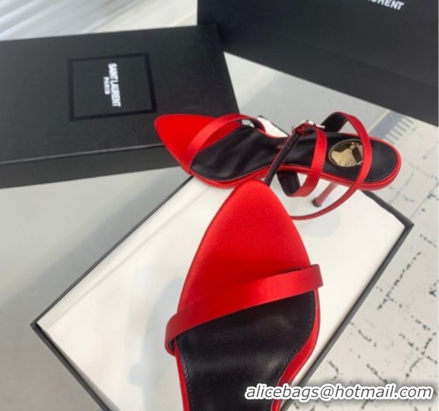 Best Product Saint Laurent Silk High Heel Sandals 10.5cm with Ankle Strap Red 50604078