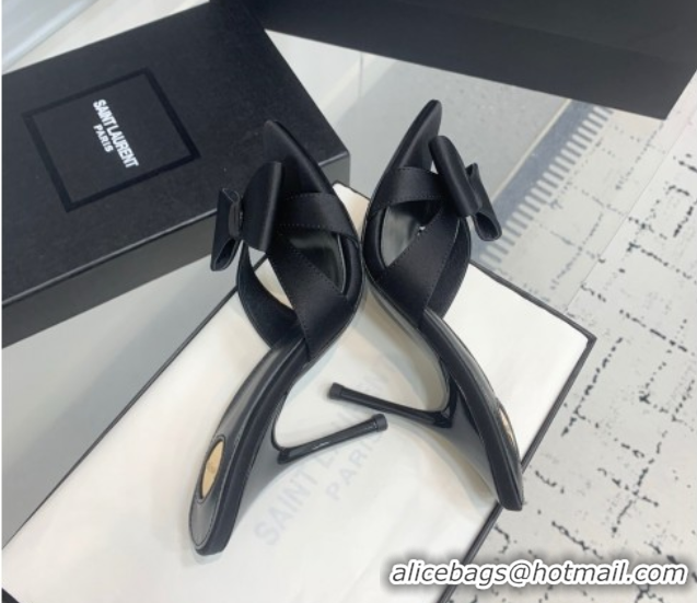 Stylish Saint Laurent Silk High Heel Slides Sandal 10.5cm with Bow Black 50604079